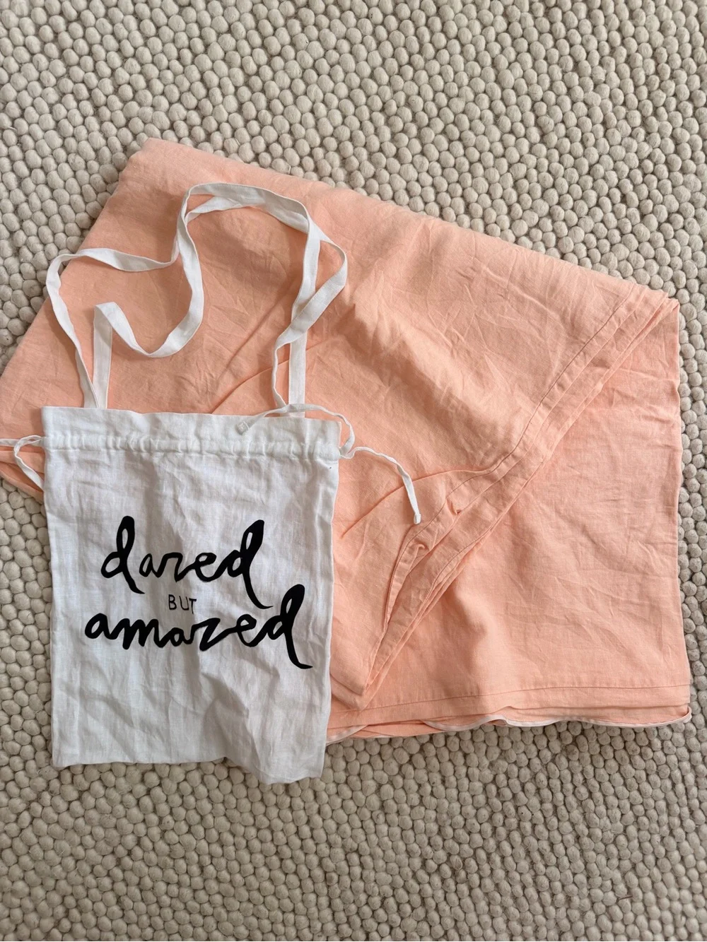 Dazed But Amazed Peach Linen Duvet with White Canvas Tote